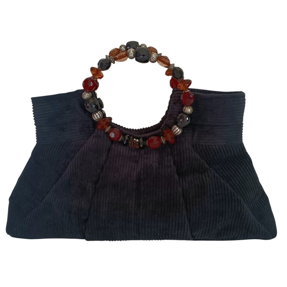 Cappelli Straworld Handbag Black Corduroy Beaded Ring Handle Vintage